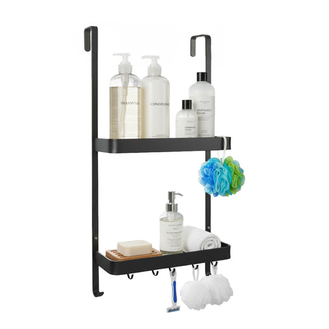 Mensola da Bagno AppendiDoccia Nero con 2 Ripiani e Ganci