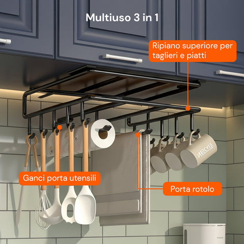 Mensola Sottopensile Cucina con Ganci e Porta Rotolo Salvaspazio