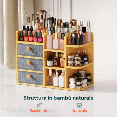Scaffale Organizer in Bambù con 3 Cassetti e Ripiani Modulabili
