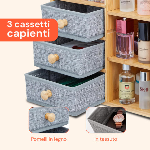 Scaffale Organizer in Bambù con 3 Cassetti e Ripiani Modulabili