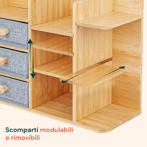 Scaffale Organizer in Bambù con 3 Cassetti e Ripiani Modulabili