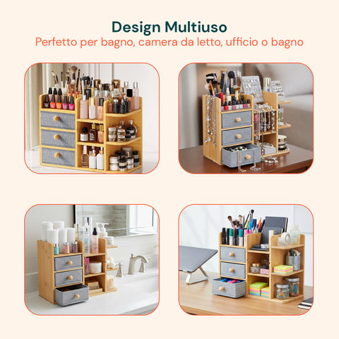 Scaffale Organizer in Bambù con 3 Cassetti e Ripiani Modulabili