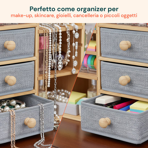 Scaffale Organizer in Bambù con 3 Cassetti e Ripiani Modulabili
