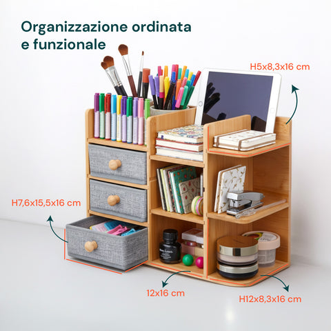 Scaffale Organizer in Bambù con 3 Cassetti e Ripiani Modulabili
