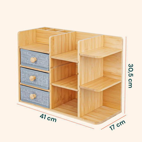 Scaffale Organizer in Bambù con 3 Cassetti e Ripiani Modulabili