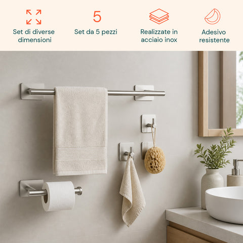Set 5 Accessori Bagno Adesivi Nero in Acciaio Inox Portata 2,5kg  - Completo di Porta Rotolo e Ganci per Asciugamani