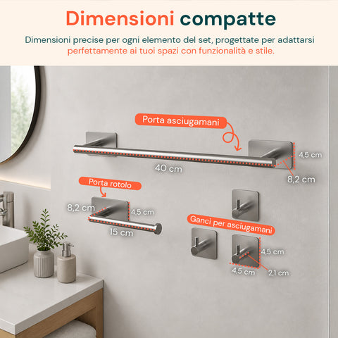 Set 5 Accessori Bagno Adesivi Nero in Acciaio Inox Portata 2,5kg  - Completo di Porta Rotolo e Ganci per Asciugamani