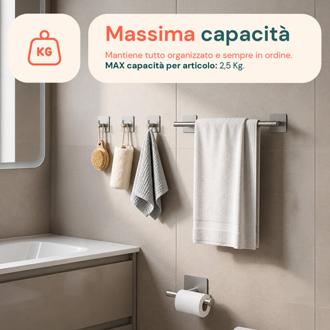 Set 5 Accessori Bagno Adesivi Nero in Acciaio Inox Portata 2,5kg  - Completo di Porta Rotolo e Ganci per Asciugamani