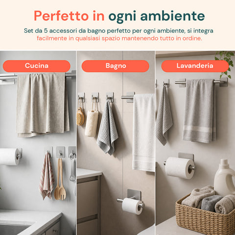 Set 5 Accessori Bagno Adesivi Nero in Acciaio Inox Portata 2,5kg  - Completo di Porta Rotolo e Ganci per Asciugamani