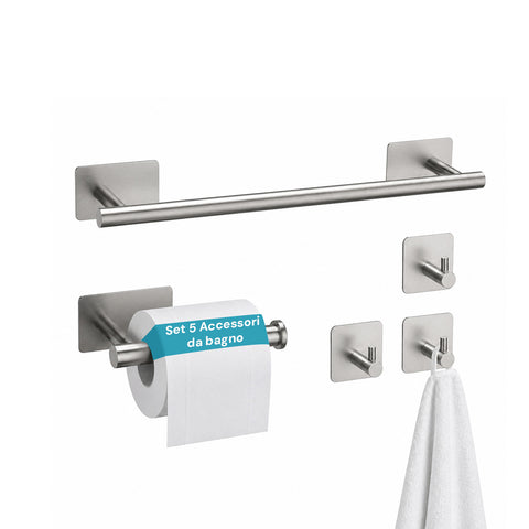 Set 5 Accessori Bagno Adesivi Nero in Acciaio Inox Portata 2,5kg  - Completo di Porta Rotolo e Ganci per Asciugamani