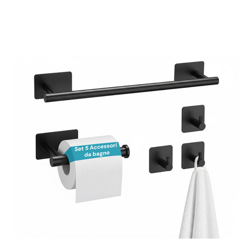Set 5 Accessori Bagno Adesivi Nero in Acciaio Inox Portata 2,5kg  - Completo di Porta Rotolo e Ganci per Asciugamani