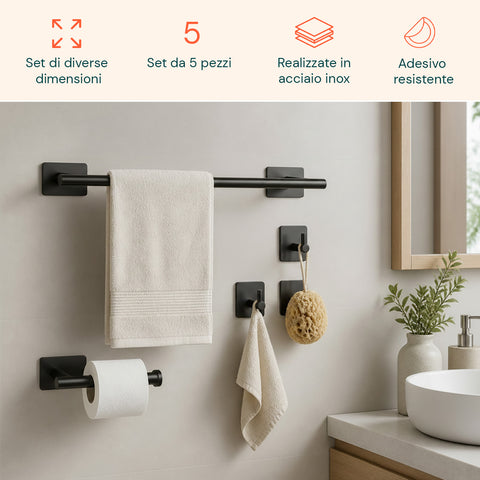 Set 5 Accessori Bagno Adesivi Nero in Acciaio Inox Portata 2,5kg  - Completo di Porta Rotolo e Ganci per Asciugamani