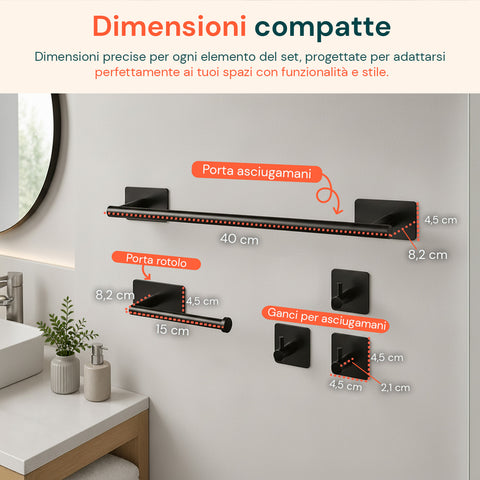 Set 5 Accessori Bagno Adesivi Nero in Acciaio Inox Portata 2,5kg  - Completo di Porta Rotolo e Ganci per Asciugamani