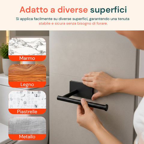 Set 5 Accessori Bagno Adesivi Nero in Acciaio Inox Portata 2,5kg  - Completo di Porta Rotolo e Ganci per Asciugamani