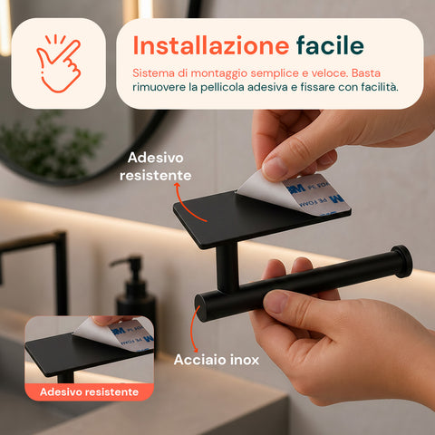 Set 5 Accessori Bagno Adesivi Nero in Acciaio Inox Portata 2,5kg  - Completo di Porta Rotolo e Ganci per Asciugamani