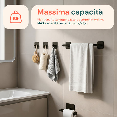 Set 5 Accessori Bagno Adesivi Nero in Acciaio Inox Portata 2,5kg  - Completo di Porta Rotolo e Ganci per Asciugamani