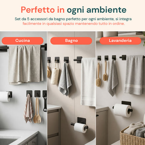 Set 5 Accessori Bagno Adesivi Nero in Acciaio Inox Portata 2,5kg  - Completo di Porta Rotolo e Ganci per Asciugamani