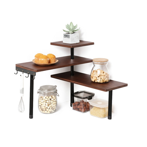 Scaffale Angolare in Bambù 3 Ripiani con Ganci Portaoggetti