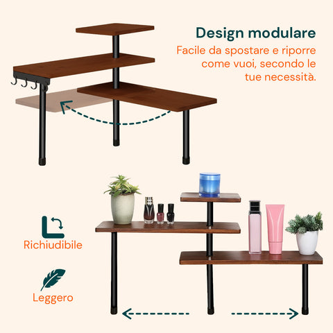 Scaffale Angolare in Bambù 3 Ripiani con Ganci Portaoggetti