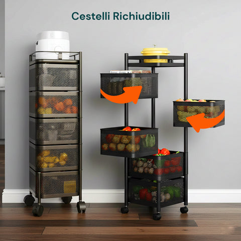 Carrello Multiuso Richiudibile con 3/4/5 Cestelli Rotondi/Quadrati e Ruote Salvaspazio Nero/Bianco