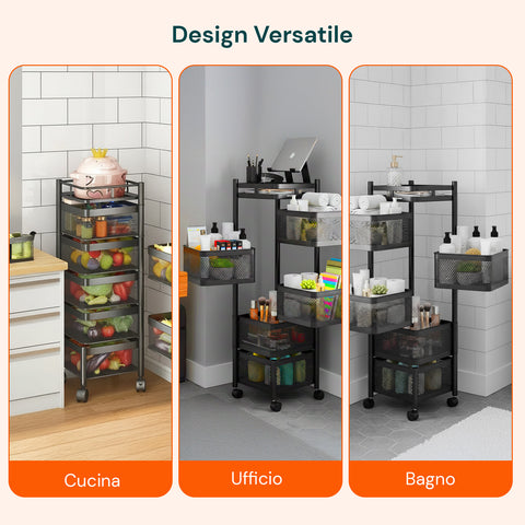 Carrello Multiuso Richiudibile con 3/4/5 Cestelli Rotondi/Quadrati e Ruote Salvaspazio Nero/Bianco