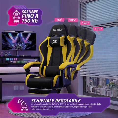 Sedia Gaming Reclinabile con Poggiapiedi Estraibile, Cuscino Lombare e Poggiatesta