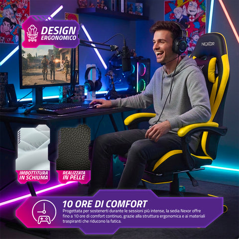 Sedia Gaming Reclinabile con Poggiapiedi Estraibile, Cuscino Lombare e Poggiatesta