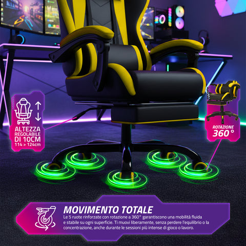 Sedia Gaming Reclinabile con Poggiapiedi Estraibile, Cuscino Lombare e Poggiatesta