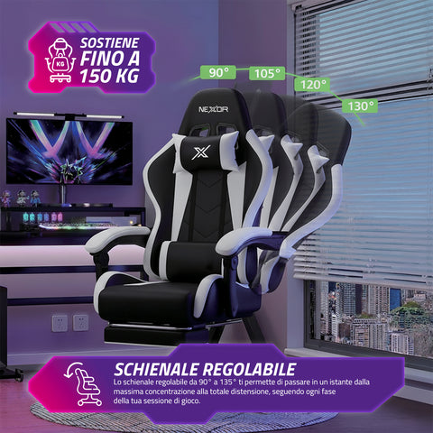 Sedia Gaming Reclinabile con Poggiapiedi Estraibile, Cuscino Lombare e Poggiatesta