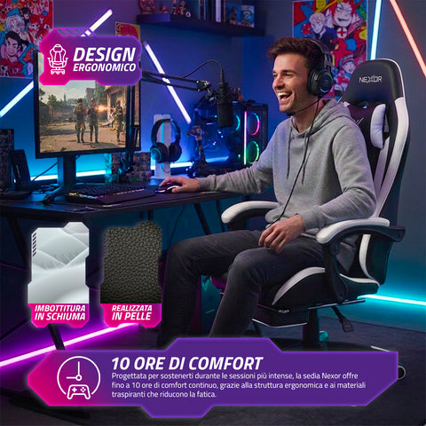Sedia Gaming Reclinabile con Poggiapiedi Estraibile, Cuscino Lombare e Poggiatesta