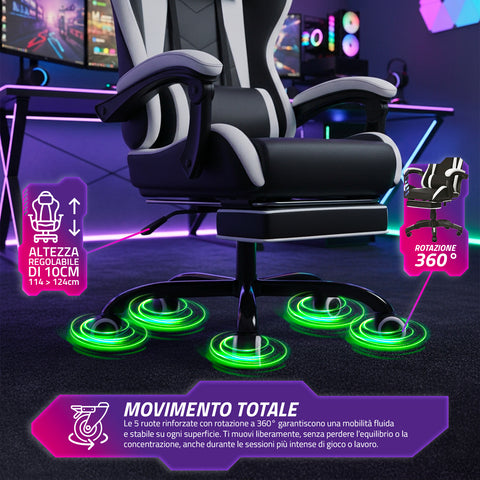 Sedia Gaming Reclinabile con Poggiapiedi Estraibile, Cuscino Lombare e Poggiatesta