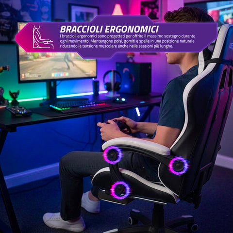 Sedia Gaming Reclinabile con Poggiapiedi Estraibile, Cuscino Lombare e Poggiatesta