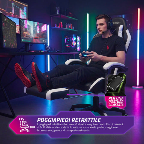 Sedia Gaming Reclinabile con Poggiapiedi Estraibile, Cuscino Lombare e Poggiatesta
