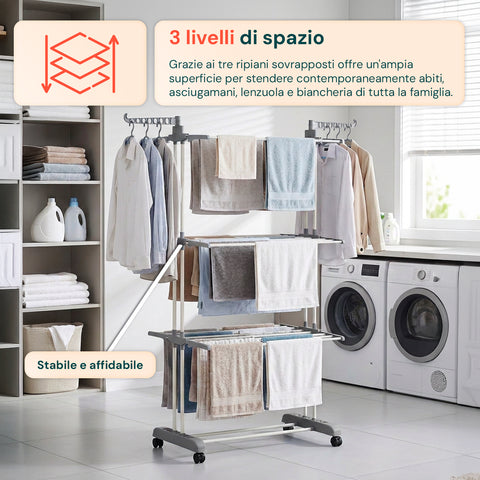 Stendibiancheria Verticale a 3 Livelli in Ferro e PP, Estensibile e con Ruote Pivottanti  –  L105xP64xA173cm, Portata 20kg