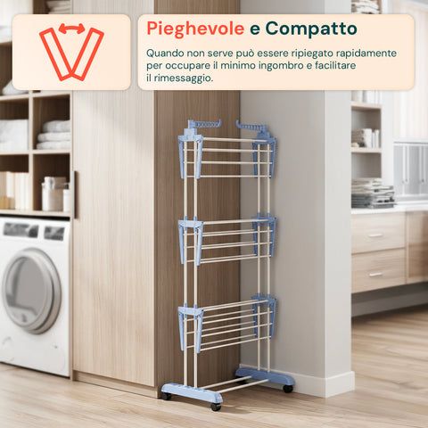Stendibiancheria Verticale a 3 Livelli in Ferro e PP, Estensibile e con Ruote Pivottanti  –  L105xP64xA173cm, Portata 20kg
