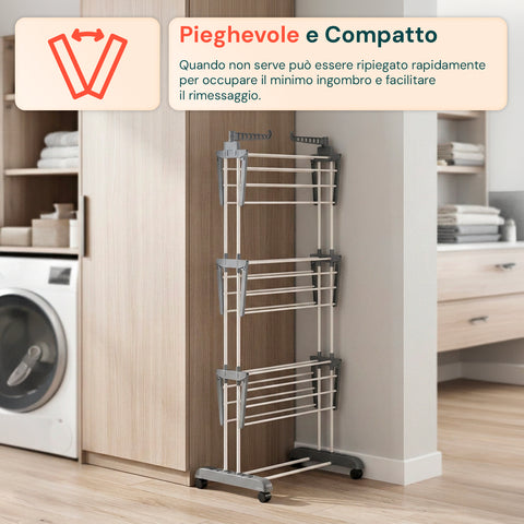 Stendibiancheria Verticale a 3 Livelli in Ferro e PP, Estensibile e con Ruote Pivottanti  –  L105xP64xA173cm, Portata 20kg