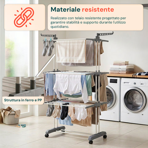 Stendibiancheria Verticale a 3 Livelli in Ferro e PP, Estensibile e con Ruote Pivottanti  –  L105xP64xA173cm, Portata 20kg