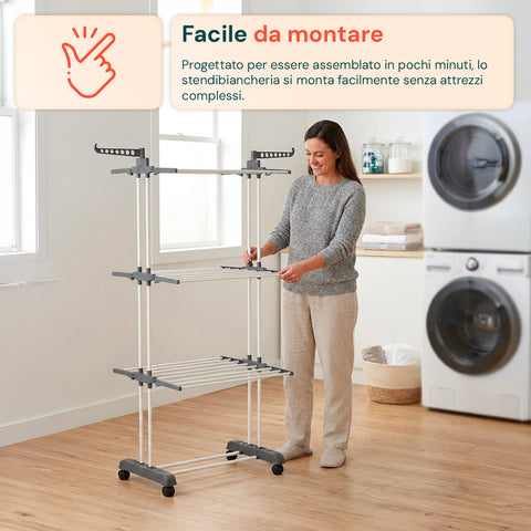 Stendibiancheria Verticale a 3 Livelli in Ferro e PP, Estensibile e con Ruote Pivottanti  –  L105xP64xA173cm, Portata 20kg