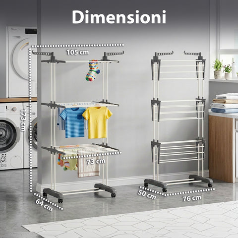 Stendibiancheria Verticale a 3 Livelli in Ferro e PP, Estensibile e con Ruote Pivottanti  –  L105xP64xA173cm, Portata 20kg