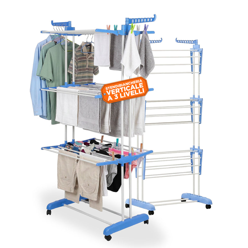 Stendibiancheria Verticale a 3 Livelli in Ferro e PP, Estensibile e con Ruote Pivottanti  –  L105xP64xA173cm, Portata 20kg