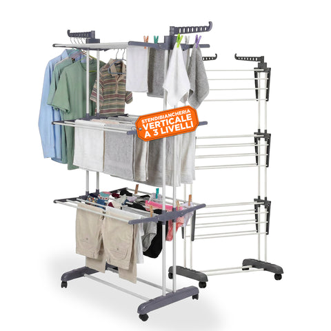 Stendibiancheria Verticale a 3 Livelli in Ferro e PP, Estensibile e con Ruote Pivottanti  –  L105xP64xA173cm, Portata 20kg