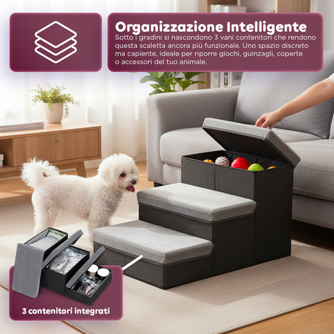 Scaletta per Animali Domestici – 3 Gradini Imbottiti e Pieghevoli con Contenitori