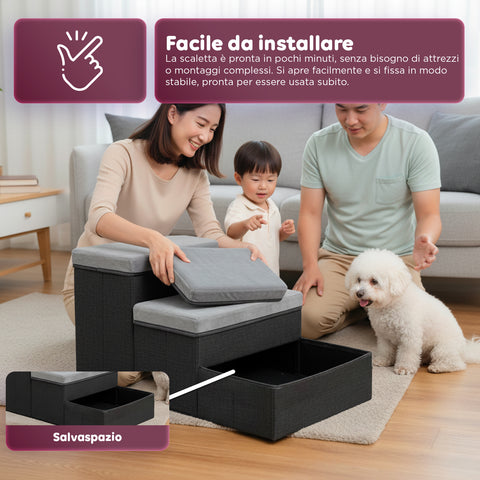 Scaletta per Animali Domestici – 3 Gradini Imbottiti e Pieghevoli con Contenitori
