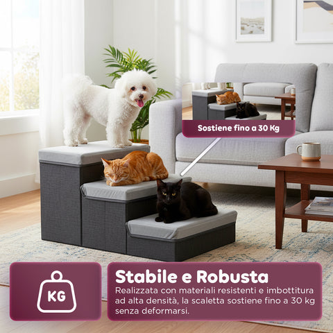 Scaletta per Animali Domestici – 3 Gradini Imbottiti e Pieghevoli con Contenitori