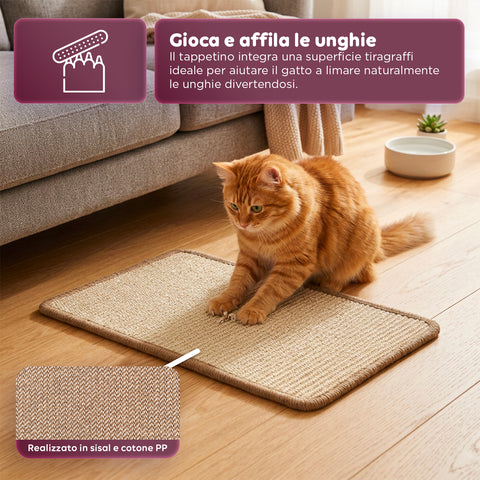 Tappeto Tiragraffi per Gatti 50x30cm  in Sisal Naturale e Cotone PP – Fondo Antiscivolo in Lattice con Adesivi in Feltro