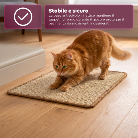 Tappeto Tiragraffi per Gatti 50x30cm  in Sisal Naturale e Cotone PP – Fondo Antiscivolo in Lattice con Adesivi in Feltro