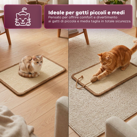 Tappeto Tiragraffi per Gatti 50x30cm  in Sisal Naturale e Cotone PP – Fondo Antiscivolo in Lattice con Adesivi in Feltro