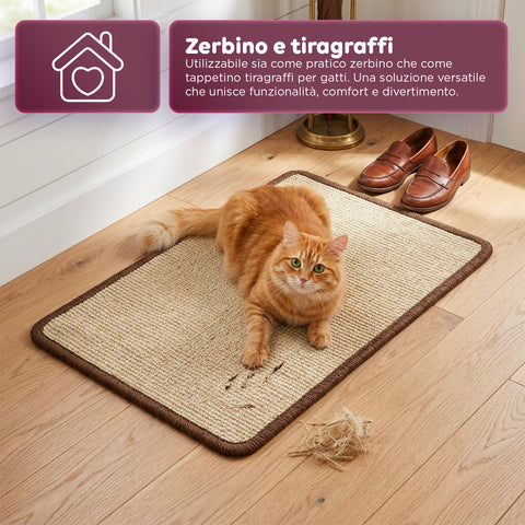 Tappeto Tiragraffi per Gatti 50x30cm  in Sisal Naturale e Cotone PP – Fondo Antiscivolo in Lattice con Adesivi in Feltro