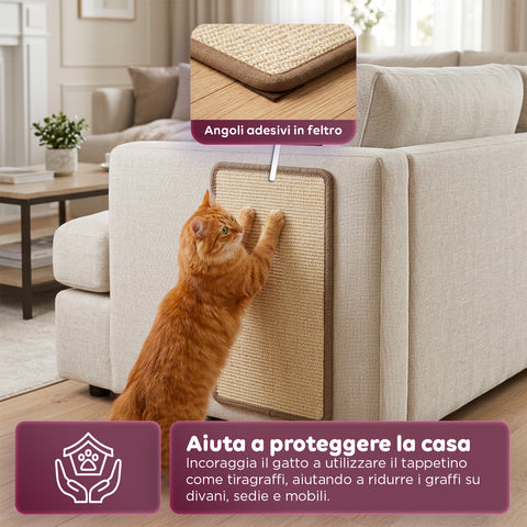 Tappeto Tiragraffi per Gatti 50x30cm  in Sisal Naturale e Cotone PP – Fondo Antiscivolo in Lattice con Adesivi in Feltro