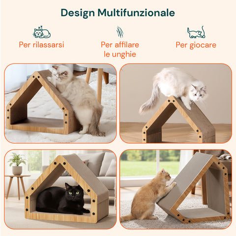 Tiragraffi per Gatti a Forma di Casa con Struttura in Legno